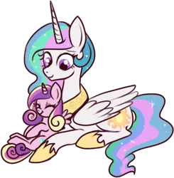 Size: 377x385 | Tagged: artist:lulubell, auntlestia, cute, cutedance, derpibooru import, eyes closed, female, filly, momlestia, on back, princess cadance, princess celestia, prone, safe, simple background, smiling, :t, transparent background, vector, younger