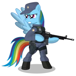 Size: 900x900 | Tagged: safe, artist:dolphinfox, derpibooru import, rainbow dash, pegasus, pony, ar15, assault rifle, bipedal, boots, female, gun, handgun, hat, mare, pistol, police, police uniform, rifle, shoes, simple background, solo, swat, transparent background, weapon