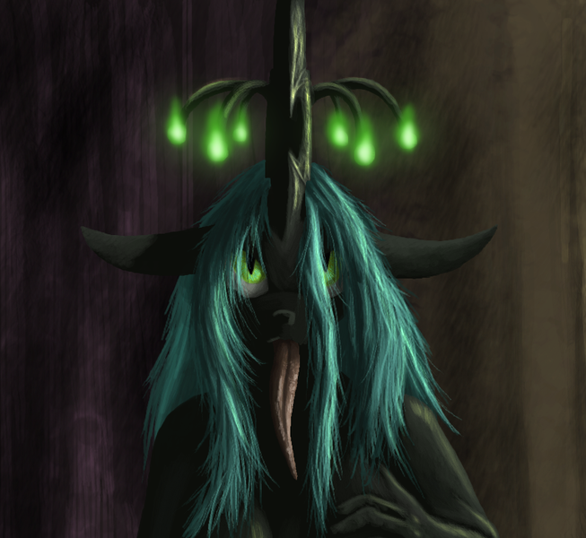 Size: 862x792 | Tagged: safe, artist:tattertailart, derpibooru import, queen chrysalis, anthro, bioluminescent, bust, glow, long tongue, looking at you, portrait, solo, tongue out