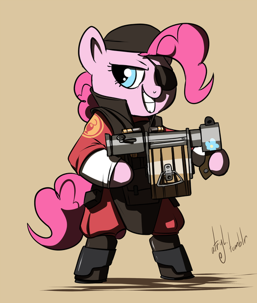 Size: 900x1064 | Tagged: safe, artist:atryl, derpibooru import, pinkie pie, pony, bipedal, cosplay, demoman, demopie, eyepatch, solo, team fortress 2