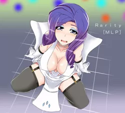Size: 900x814 | Tagged: artist:nightmare_doom, bedroom eyes, blushing, breasts, busty rarity, cleavage, clothes, derpibooru import, erect nipples, evening gloves, female, garters, human, humanized, looking at you, open mouth, pixiv, rarity, smiling, solo, solo female, stockings, suggestive