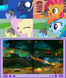 Size: 782x918 | Tagged: babs seed, crash bandicoot, crash team racing, derpibooru import, exploitable meme, fluttershy, gamer babs, gamerdash, gamer luna, gamer meme, gamershy, princess luna, rainbow dash, roo's tubes, safe, tv meme