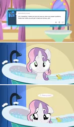 Size: 1280x2175 | Tagged: artist:jan, ask, ask the crusaders, bath, bathtub, claw foot bathtub, cute, derpibooru import, diasweetes, fourth wall, question, rubber duck, safe, sweetie belle, tumblr, tumblr comic, wet mane