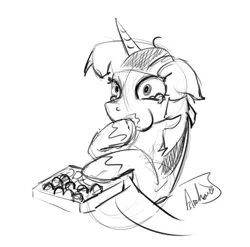 Size: 700x691 | Tagged: artist:archonix, chocolates, comfort eating, crying, derpibooru import, eating, monochrome, safe, sketch, solo, twilight sparkle