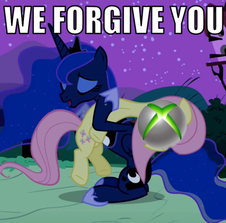 Size: 464x458 | Tagged: background pony strikes again, forgiveness, gamer luna, hug, image macro, op started shit, princess luna, safe, shitstorm, spiderman thread, xbox one