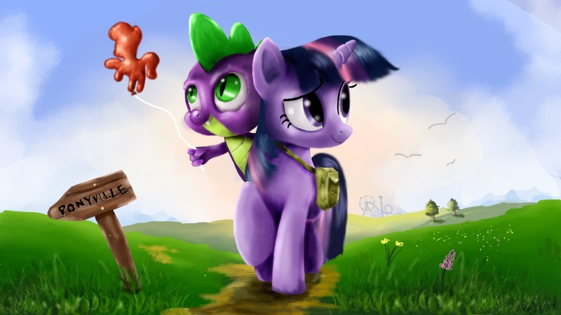 Size: 1280x720 | Tagged: safe, artist:reillyington86, derpibooru import, spike, twilight sparkle, balloon, riding