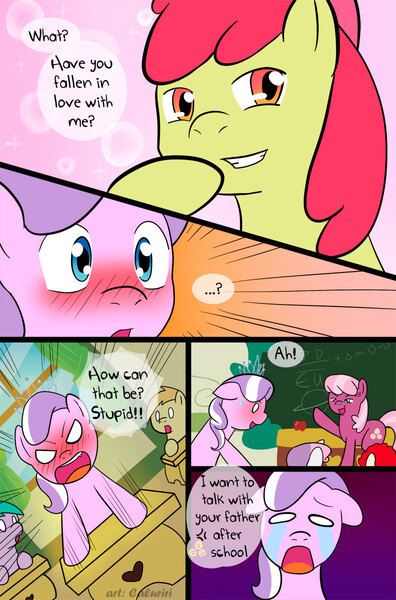 Size: 792x1200 | Tagged: safe, artist:caluriri, derpibooru import, apple bloom, cheerilee, diamond tiara, sweetie belle, twist, comic, diamond tsundiara, diamondbloom, female, lesbian, ponyville schoolhouse, shipping, tsundere