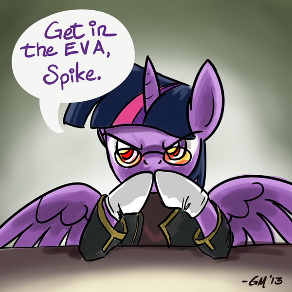 Size: 640x640 | Tagged: safe, artist:giantmosquito, derpibooru import, twilight sparkle, twilight sparkle (alicorn), alicorn, pony, clothes, crossover, female, gendo ikari, gendo pose, glare, glasses, gloves, looking at you, mare, neon genesis evangelion, parody, solo, spread wings