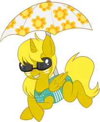 Size: 450x546 | Tagged: safe, artist:lulubell, derpibooru import, oc, oc:ticket, unofficial characters only, alicorn, pony, alicorn oc, clothes, one-piece swimsuit, palindrome get, simple background, solo, sunglasses, swimsuit, transparent background, umbrella