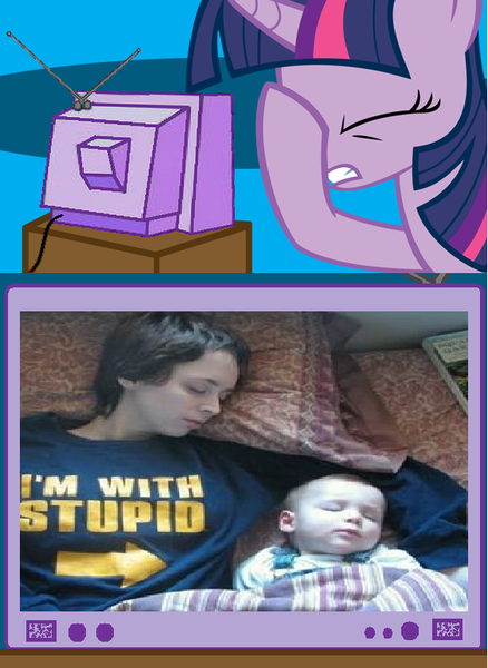 Size: 563x771 | Tagged: baby, clothes, derpibooru import, exploitable meme, facehoof, fail, human, irl, irl human, juxtaposition, juxtaposition fail, meme, obligatory pony, parenting, photo, safe, shirt, stupidity, tv meme, twilight sparkle