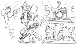 Size: 1000x600 | Tagged: balloon, best pony, crown, derpibooru import, grayscale, monochrome, not a contest, oc, oc:wheely bopper, original species, safe, sketch, solo, trophy, unofficial characters only, wheelpone, winner