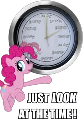 Size: 435x650 | Tagged: artist:ponyweed, clock, derpibooru import, image macro, just look at the time, meme, party, party time, photo, pinkie pie, pinkie time, pointing, safe, time