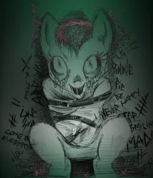 Size: 1024x1192 | Tagged: artist:justfrankska, asylum, bondage, crazy face, creepy, derpibooru import, grimdark, pinkie pie, psycho, scary, solo, straitjacket