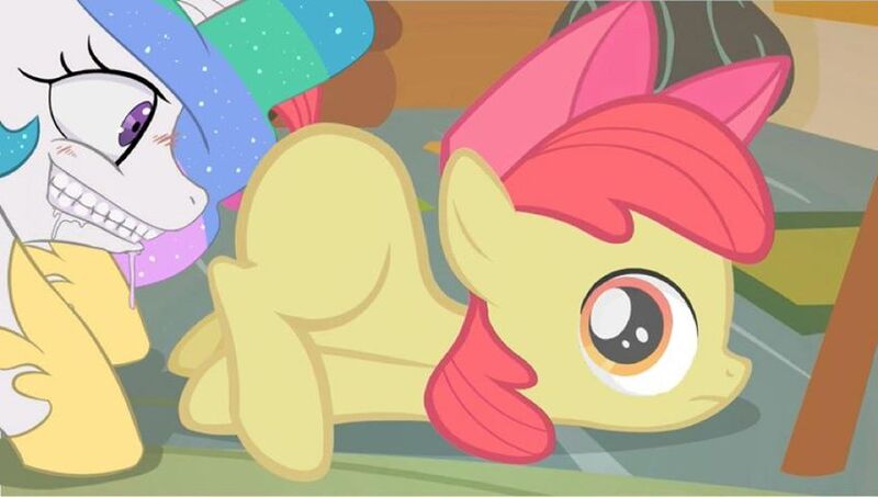 Size: 848x480 | Tagged: apple bloom, call of the cutie, derpibooru import, drool, edit, implied foalcon, implied rape, princess celestia, princess molestia, screencap, suggestive