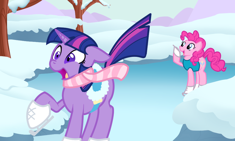 Size: 1000x600 | Tagged: safe, artist:lelittleluna, derpibooru import, pinkie pie, twilight sparkle, earth pony, pony, unicorn, winter wrap up, clothes, duo, female, ice, ice skates, ice skating, mare, saddle, scarf, scene interpretation, snow, unicorn twilight, vest, weather team, winter, winter wrap up vest