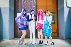 Size: 1500x1000 | Tagged: safe, artist:ainlina, artist:aquafeles, artist:feeracie, artist:pichu-no-sekai, derpibooru import, pinkie pie, rainbow dash, rarity, twilight sparkle, human, convention, cosplay, elusive, irl, irl human, made in asia, overalls, photo, rule 63