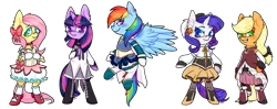 Size: 1419x563 | Tagged: safe, artist:soullessteddybear, derpibooru import, applejack, fluttershy, rainbow dash, rarity, twilight sparkle, clothes, cosplay, costume, crossover, implied lesbian, implied twishy, puella magi madoka magica, simple background, transparent background