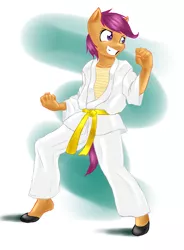 Size: 1007x1368 | Tagged: anthro, artist:nightomist, clothes, gi, karate, martial arts, robe, safe, scootaloo, solo, trousers, yellow belt