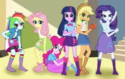 Size: 1425x893 | Tagged: safe, artist:asdf314159265, derpibooru import, applejack, fluttershy, pinkie pie, rainbow dash, rarity, twilight sparkle, equestria girls, apple, clothes, humane five, humane six, jojo pose, jojo's bizarre adventure, mane six, missing shoes, pose, socks