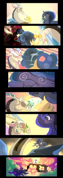 Size: 532x1500 | Tagged: artist:bakki, comic, derpibooru import, discord, disguised baby changeling, oc, oc:mirror gleam, princess luna, safe, wat