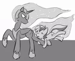 Size: 995x818 | Tagged: artist:trinosan, clinging, derpibooru import, minuette, monochrome, princess luna, safe