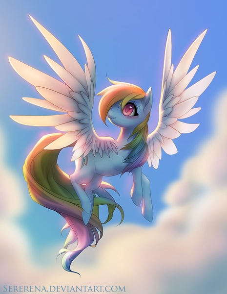 Size: 768x990 | Tagged: artist:sererena, derpibooru import, flying, rainbow dash, safe, solo