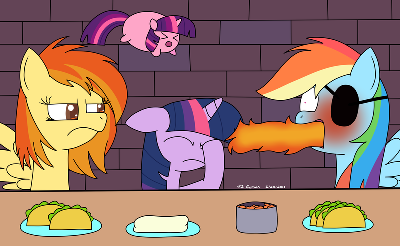 Size: 2392x1472 | Tagged: artist:toonboy92484, chubbie, derpibooru import, filly twilight sparkle, fire, pirate dash, rainbow dash, safe, spitfire, taco, tumblr, twilight sparkle