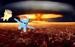 Size: 1600x1000 | Tagged: safe, derpibooru import, fluttershy, rainbow dash, bomb, explosion, mushroom cloud, nuclear weapon