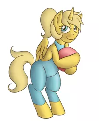 Size: 900x1100 | Tagged: safe, artist:pitchpatch, derpibooru import, oc, oc:ticket, unofficial characters only, alicorn, pony, alicorn oc, beach ball, bipedal, clothes, open-back swimsuit, simple background, solo, swimsuit, wetsuit