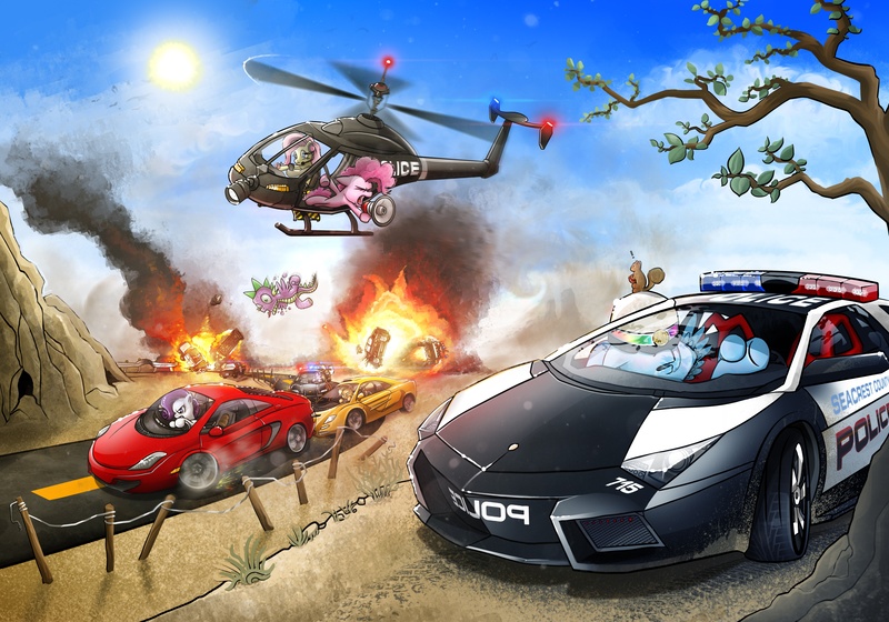 Size: 5000x3500 | Tagged: absurd resolution, acorn, applejack, artist:makingpicsslowly, car, car chase, crossover, derpibooru import, driving, epic, explosion, fluttershy, helicopter, hypercar, lamborghini, lamborghini reventon, mclaren, mclaren f1, mclaren mp4-12c, megaphone, mountain, need for speed, need for speed: hot pursuit, pinkie pie, police, rainbow dash, rarity, road, safe, spike, squirrel, supercar, tree, twilight sparkle