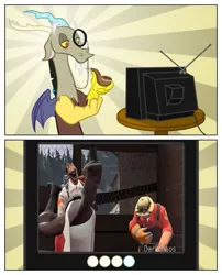 Size: 485x600 | Tagged: safe, banned from derpibooru, deleted from derpibooru, derpibooru import, discord, draconequus, human, exploitable meme, image, meme, obligatory pony, pipe, png, sunburst background, team fortress 2, tv meme