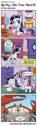 Size: 800x2691 | Tagged: safe, artist:pony-berserker, derpibooru import, rarity, sweetie belle, oc, oc:tom the crab, crab, giant crab, pony, unicorn, comic:rarity get your sword, carousel boutique, clothes, comic, lingerie, rarity fighting a giant crab, sweetie finds