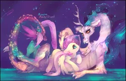 Size: 1024x655 | Tagged: safe, artist:mujinai, derpibooru import, discord, fluttershy, draconequus, pegasus, pony, discoshy, eye contact, female, looking at each other, male, mare, prone, shiny, shipping, smiling, sparkles, spread wings, straight, wings