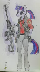 Size: 670x1192 | Tagged: safe, derpibooru import, twilight sparkle, anthro, unicorn, barrett, crossover, female, glowing horn, gun, hooves, horn, levitation, magic, mare, optical sight, ponytail, rifle, simple background, smiling, sniper, sniper rifle, solo, team fortress 2, teeth, telekinesis, traditional art, weapon, white background