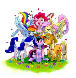 Size: 1052x1085 | Tagged: safe, artist:kutuyatti, derpibooru import, applejack, fluttershy, pinkie pie, rainbow dash, rarity, twilight sparkle, twilight sparkle (alicorn), alicorn, earth pony, pegasus, unicorn, cute, female, floral head wreath, flower, mane six, mare, petals, pixiv