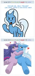 Size: 236x507 | Tagged: suggestive, artist:fauxsquared, artist:wakasumire, derpibooru import, trixie, twilight sparkle, pony, unicorn, bandage, exploitable meme, featureless crotch, female, heart, hug, injured, juxtaposition, juxtaposition win, lesbian, mare, pixiv, plot, plot pair, shipping, solo, trixie is magic, twixie