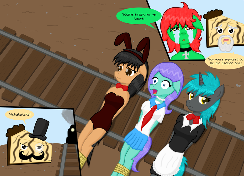 Size: 3282x2373 | Tagged: safe, artist:despisedandbeloved, derpibooru import, oc, oc:d3, oc:femton, oc:iris, unofficial characters only, anthro, pegasus, unicorn, bondage, bunny suit, cheesecake, clothes, damsel in distress, dastardly whiplash, evil, facial hair, female, goatee, hat, imminent decapitation, leotard, maid, male, monocle, moustache, peril, railroad, school uniform, star wars, tied, tied to tracks, tied up, top hat, train, train tracks