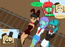 Size: 3282x2373 | Tagged: safe, artist:despisedandbeloved, derpibooru import, oc, oc:d3, oc:femton, oc:iris, unofficial characters only, anthro, pegasus, unicorn, bondage, bunny suit, cheesecake, clothes, damsel in distress, dastardly whiplash, evil, facial hair, female, goatee, hat, imminent decapitation, leotard, maid, male, monocle, moustache, peril, railroad, school uniform, star wars, tied, tied to tracks, tied up, top hat, train, train tracks
