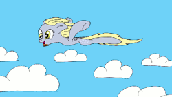 Size: 500x281 | Tagged: safe, artist:rndfax, derpibooru import, derpy hooves, pegasus, pony, animated, cloud, cloudy, derpy being derpy, dumb running ponies, female, flapping, flying, mare, silly, silly pony, sky, solo, tongue out, wat