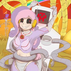 Size: 1280x1280 | Tagged: artist:balooga, breasts, busty sweetie belle, crossover, female, humanized, jailbot, knife, nightmare fuel, older, robot, shipping, skeleton, suggestive, superjail, sweetie belle, sweetie bot, tentacles, the warden, virus