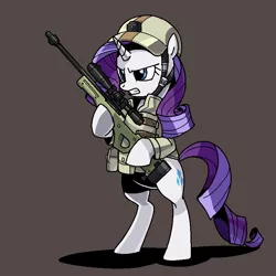 Size: 800x800 | Tagged: safe, artist:hobbang, derpibooru import, rarity, pony, unicorn, arctic warfare, bipedal, cutie mark, female, gun, helmet, hooves, horn, mare, optical sight, pixiv, rifle, sniper rifle, solo, teeth, weapon