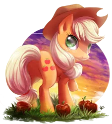 Size: 724x800 | Tagged: safe, artist:draggincat, derpibooru import, applejack, earth pony, pony, apple, cute, grass, jackabetes, looking at you, looking back, looking back at you, obligatory apple, simple background, solo, transparent background