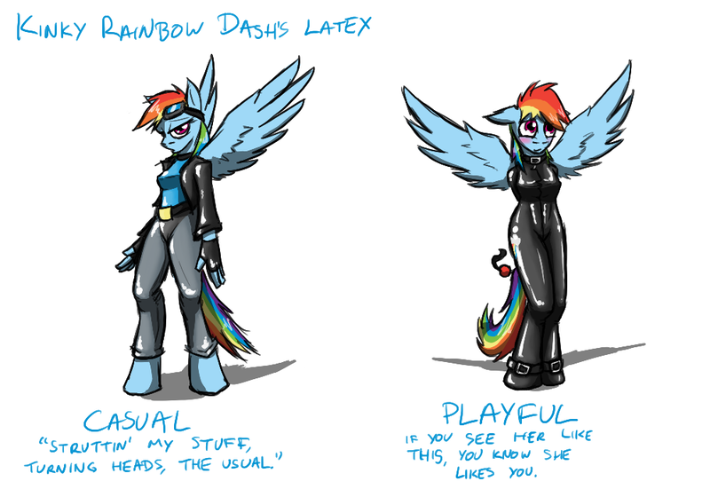 Size: 1000x700 | Tagged: anthro, artist:krd, ballgag, blushing, bondage, breasts, clothes, collar, cuffs, floppy ears, gag, goggles, jacket, latex, latex suit, rainbow dash, simple background, suggestive, unguligrade anthro, white background