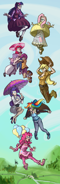 Size: 900x2755 | Tagged: action poster, apple bloom, applejack, artist:theartrix, balloon, belly button, bomber jacket, clothes, converse, cutie mark crusaders, derpibooru import, dress, falling, fluttershy, flying, glasses, human, humanized, long skirt, mane six, midriff, paraskirt, pinkie pie, rainbow dash, rarity, safe, scootaloo, shoes, skirt, sweater, sweatershy, sweetie belle, twilight sparkle, umbrella