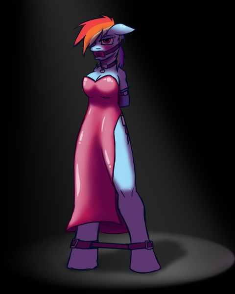 Size: 800x1000 | Tagged: anthro, artist:krd, bondage, breasts, busty rainbow dash, collar, female, gag, latex, muzzle gag, questionable, rainbow dash, solo, solo female, spotlight, spreader bar, unguligrade anthro