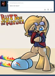 Size: 650x900 | Tagged: suggestive, artist:slavedemorto, derpibooru import, rainbow dash, oc, oc:backy, pony, back to the future, bipedal, clothes, frown, glasses, open mouth, plot, rainbutt dash, shirt, tumblr, vest, wat, wat to the future, watch, wide eyes