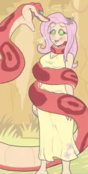 Size: 638x1253 | Tagged: artist:plsgts, breasts, cleavage, clothes, coils, dress, eyes, female, fluttershy, human, humanized, imminent vore, kaa, kaa eyes, kitchen eyes, mind control, peril, safe