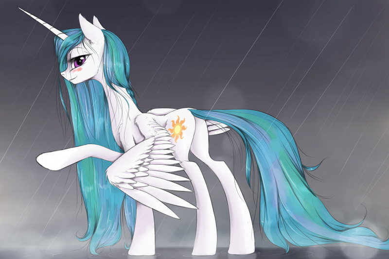 Size: 1500x1000 | Tagged: safe, artist:madhotaru, derpibooru import, princess celestia, alicorn, pony, blushing, cute, cutelestia, looking at you, looking back, plot, rain, smiling, solo, wet mane