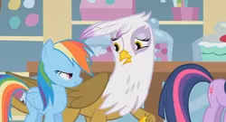 Size: 636x343 | Tagged: safe, derpibooru import, screencap, gilda, rainbow dash, twilight sparkle, gryphon, griffon the brush off, lidded eyes, out of context