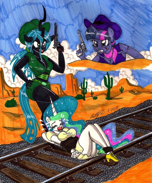 Size: 1666x2004 | Tagged: safe, artist:newyorkx3, derpibooru import, princess celestia, queen chrysalis, twilight sparkle, alicorn, anthro, changeling, human, plantigrade anthro, unicorn, angry, bondage, cactus, cleavage, cliff, clothes, cowboy hat, cowgirl, cowgirl outfit, damsel in distress, desert, dress, evil grin, evil laugh, female, glare, grin, gritted teeth, gun, hat, humanized, image, jpeg, kidnapped, laughing, peril, pistol, railroad, rescue, revolver, rope, rope bondage, scared, smiling, stetson, teeth, tied to tracks, tied up, traditional art, train tracks, weapon, western, worried